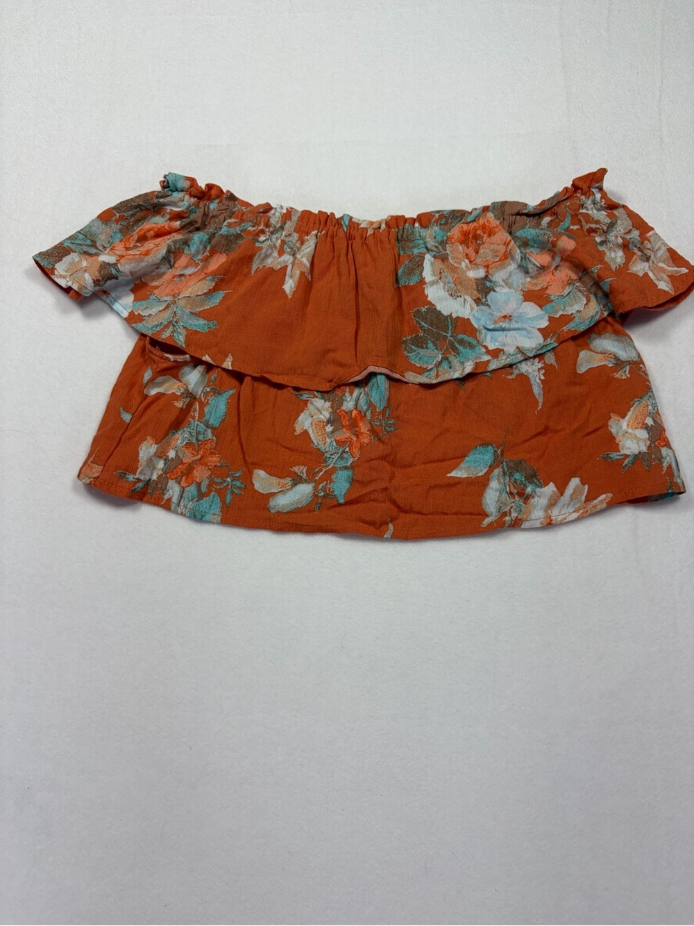 Taylor & Sage XS Off Shoulder Floral Top Rust Orange Boho Ruffle Crop Blouse